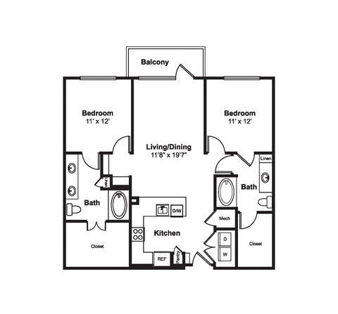 Floor plan for 2 beds, 2 baths, 1117 sqft
